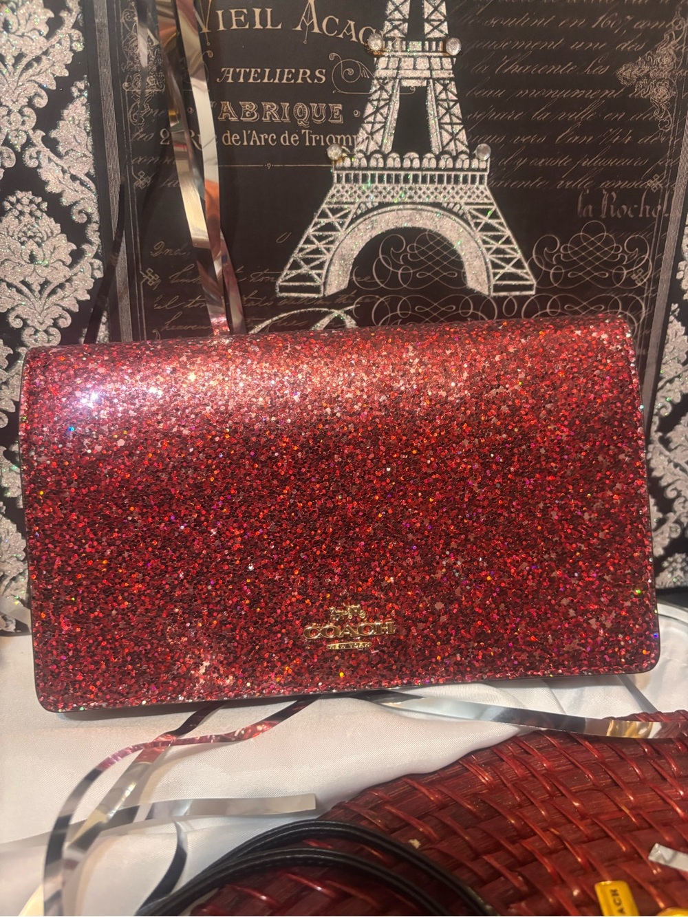 Coach Red Glitter Clutch with Gold Logo